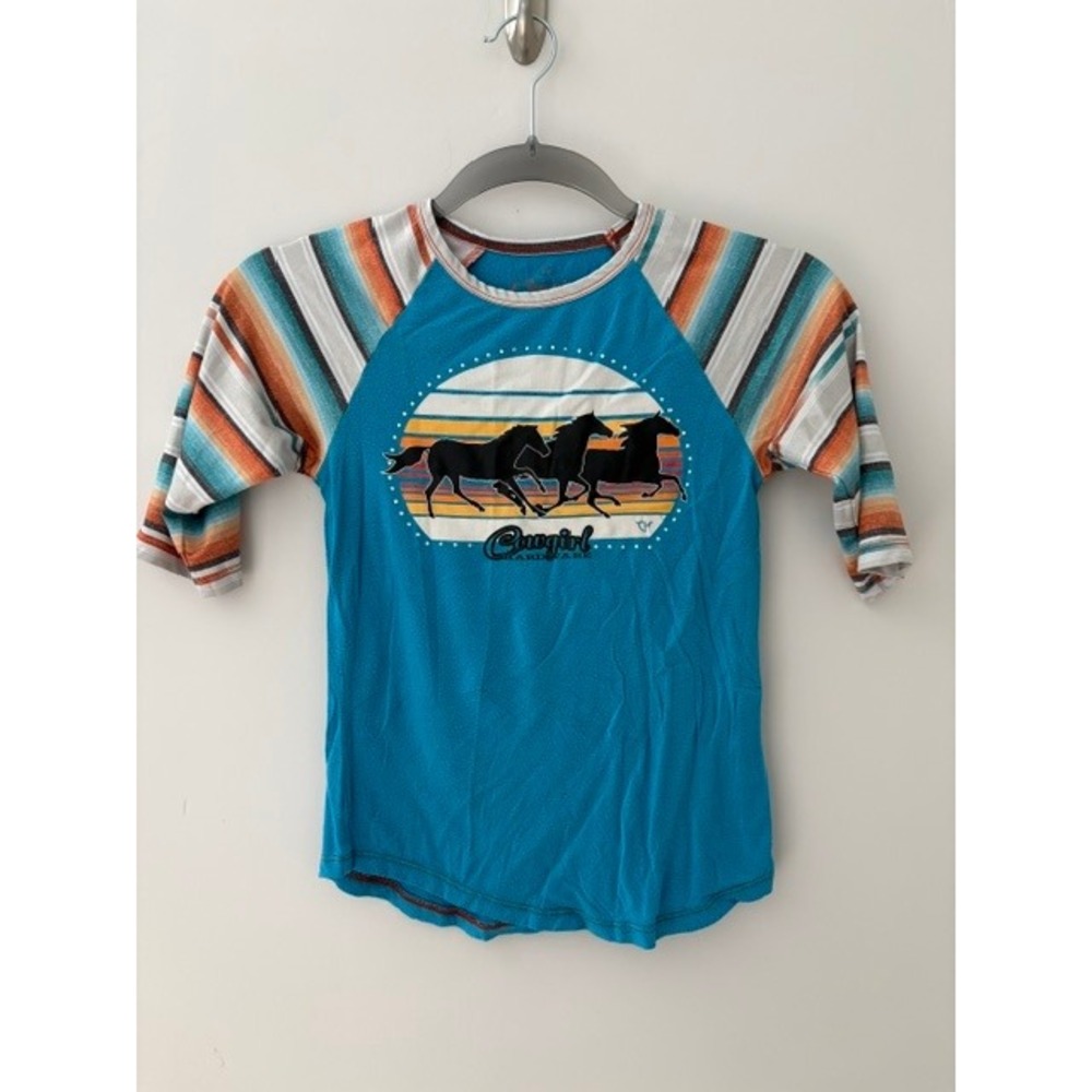 Cowgirl Hardware Girls Blue Serape Stripe Raglan Sleeve Horse Graphic Tee S/6